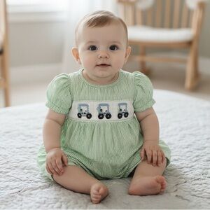 Sassy Smock Shop Baby White & Green Striped Romper